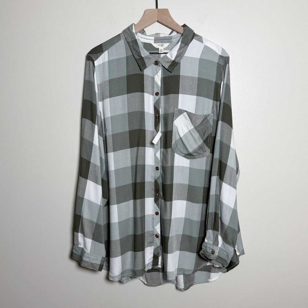 Terra & Sky Womens 2X Green Buffalo Plaid Button Down Shirt Cabincore Autumnal